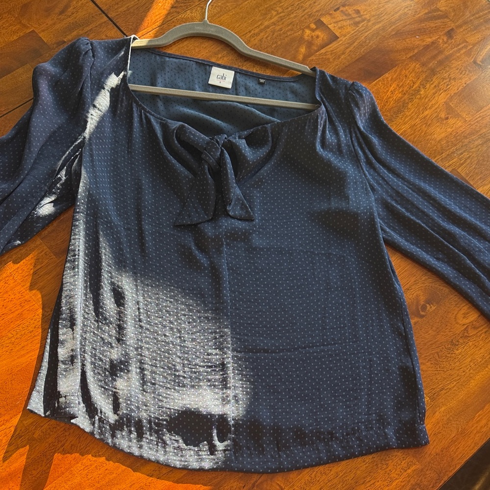 CAbi Navy Swiss Dot Tie Front Scoop Neck Knot Blouse